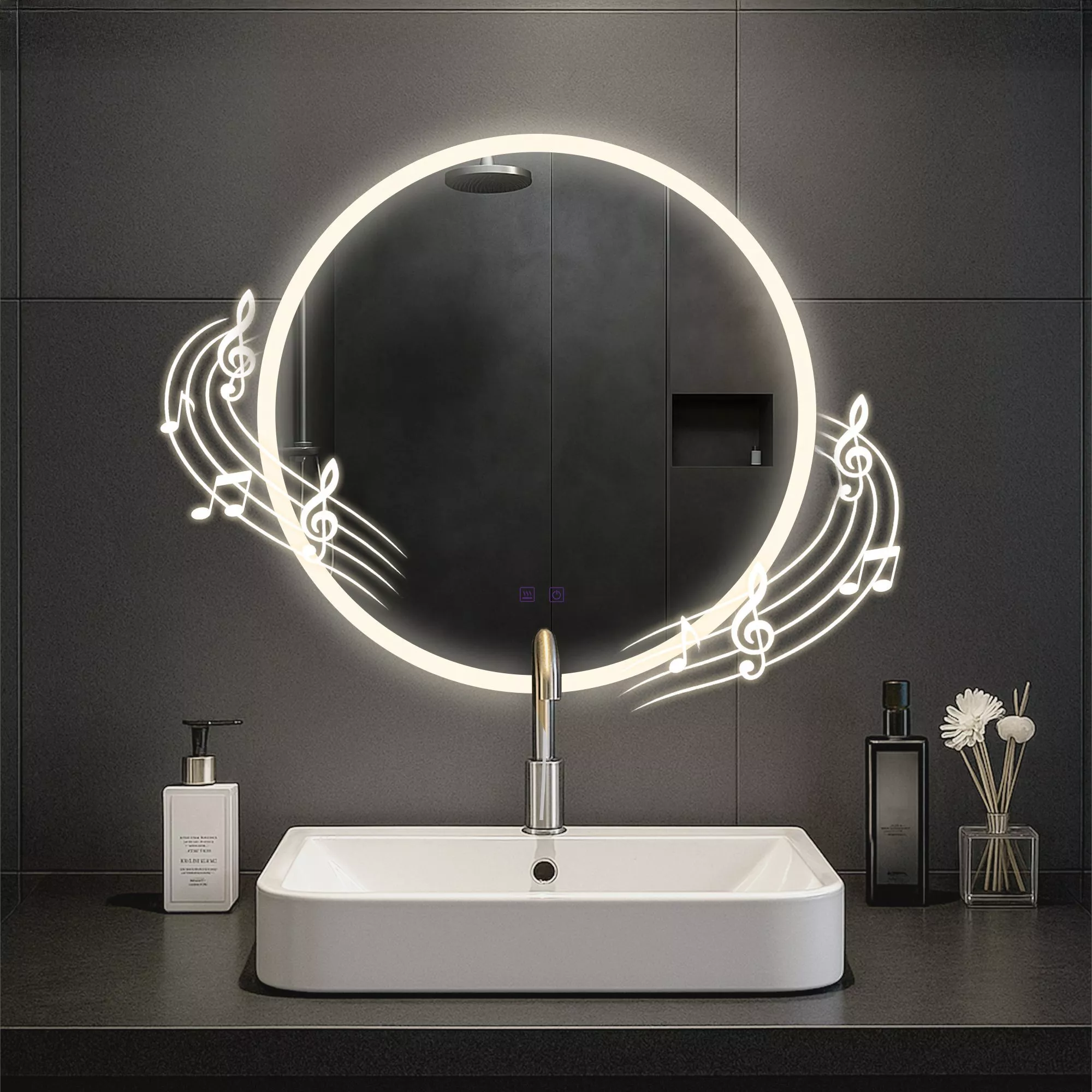 Laconia 60 cm rund badrumsspegel med Bluetooth-högtalare, LED-belysning, anti-imma, dimbar, IP44
