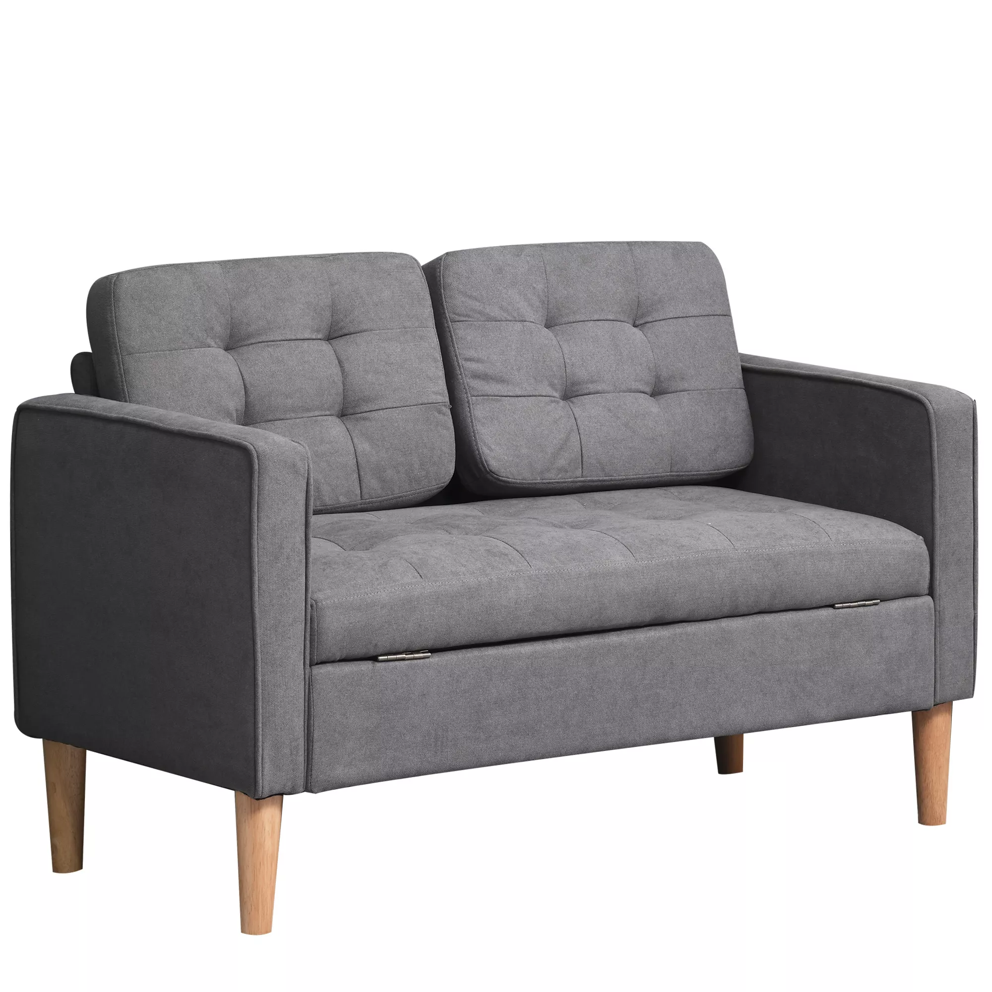 2-personers sofa i grå polyester-bomuld med opbevaring og ben af gummitræ, 117 x 62 x 78 cm