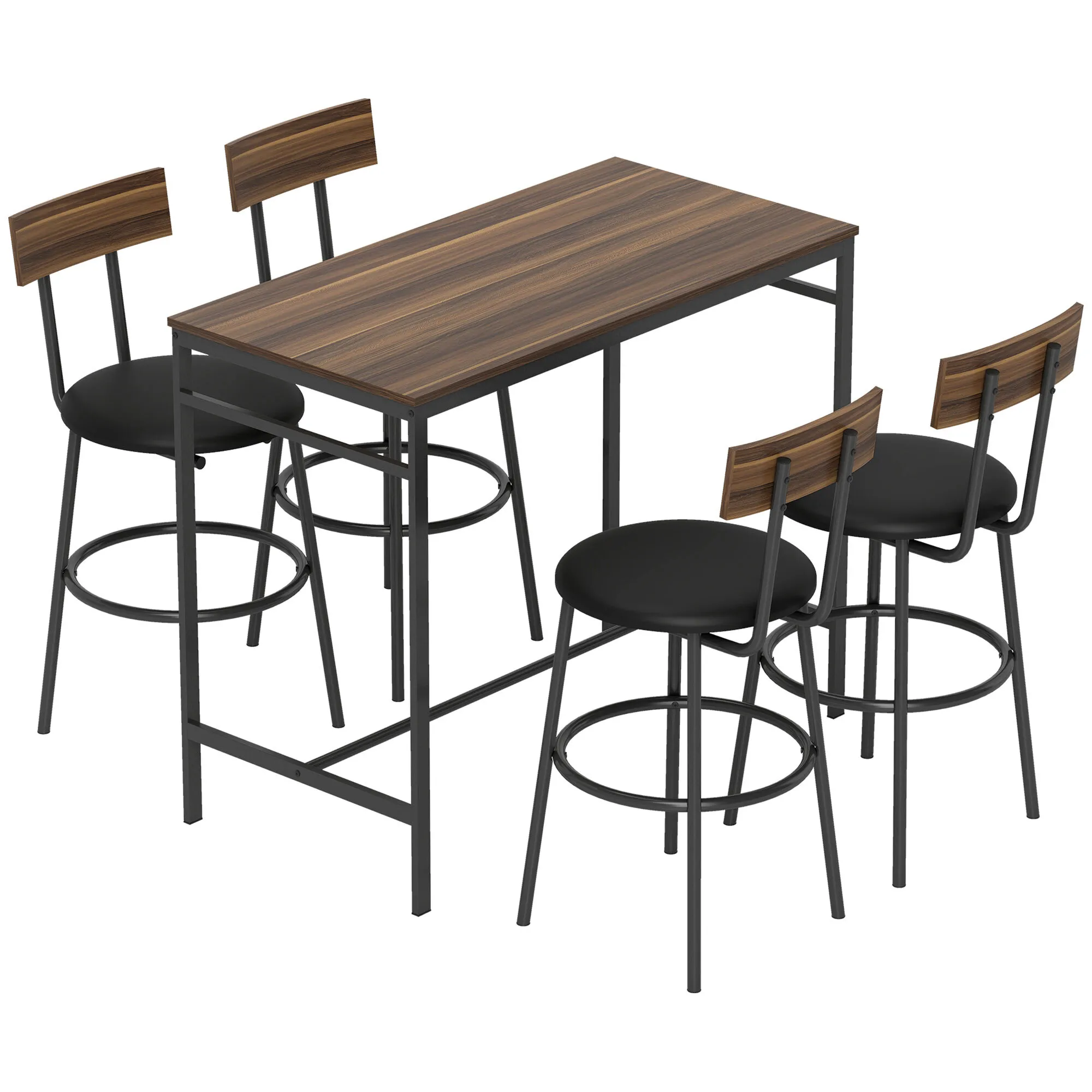 5-delars barbordsset med 4 stolar, industriell design, för kök, matsal, trä, stål, brun