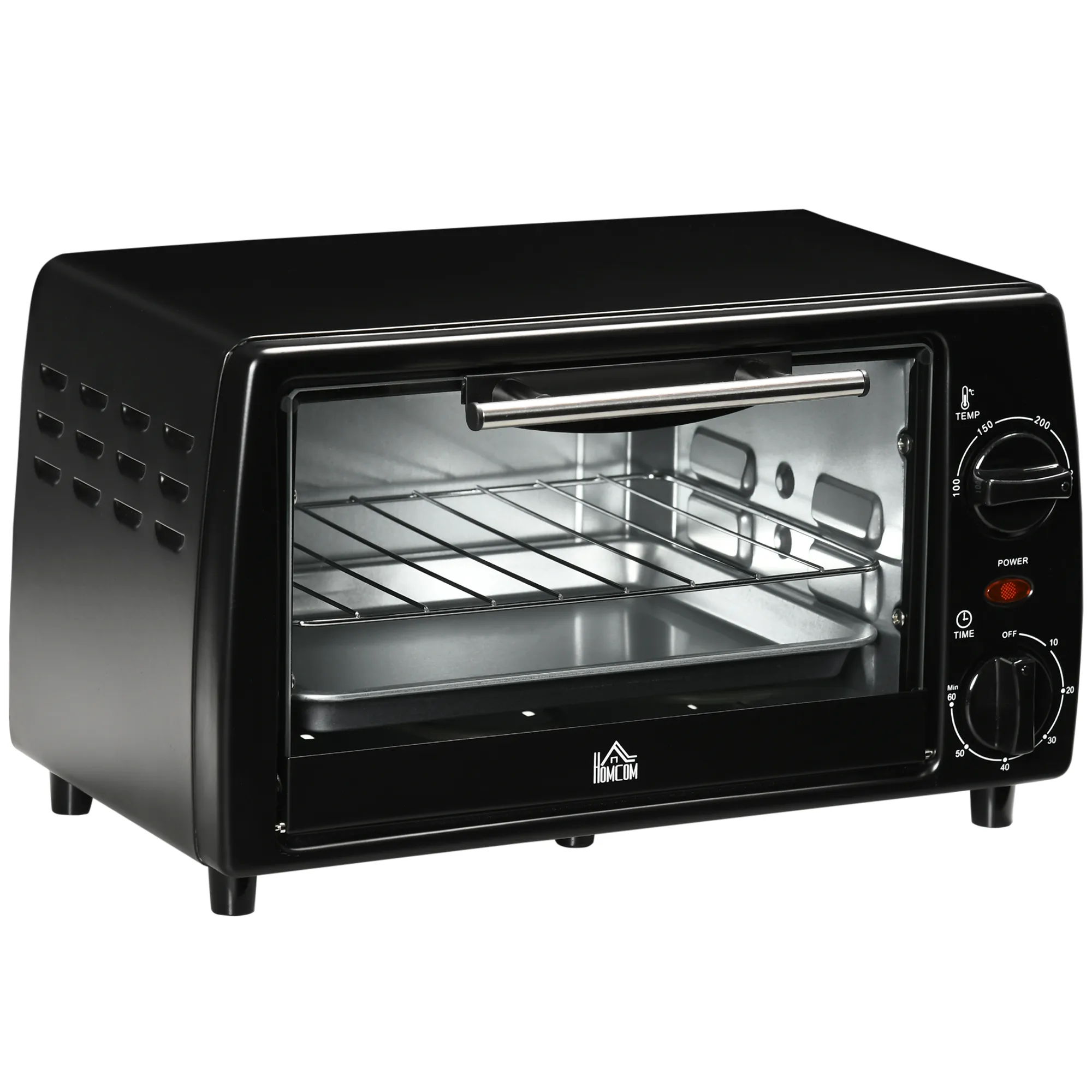 Miniugn 10L, 750W, Svart Metall, Timer, Justerbar Temp upp till 230°C, inkl. galler & plåt