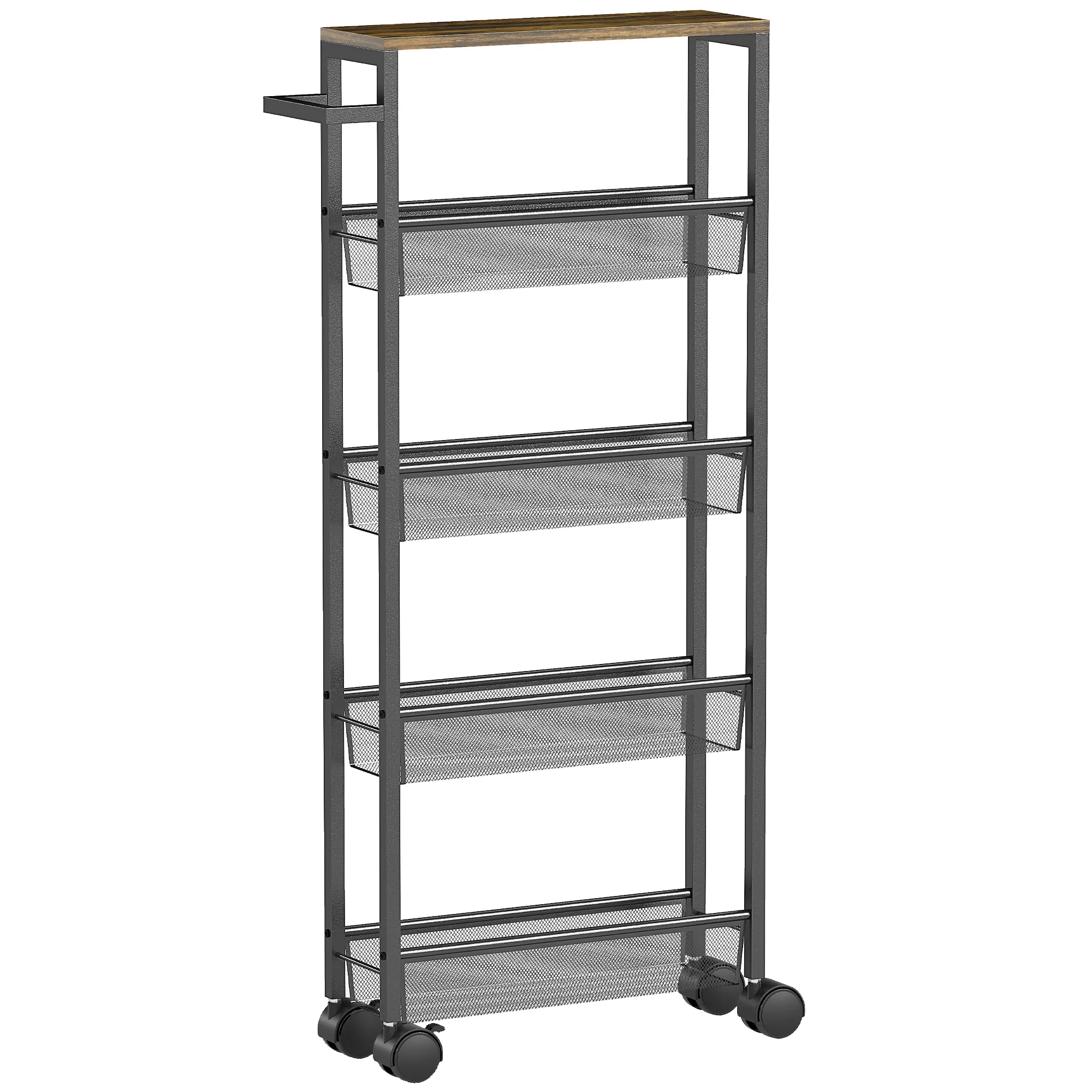 Smal serveringsvagn, smal kfksvagn 13 cm bred, metall/spånskiva, 5 hyllplan, 47x13x96,5 cm, Svart