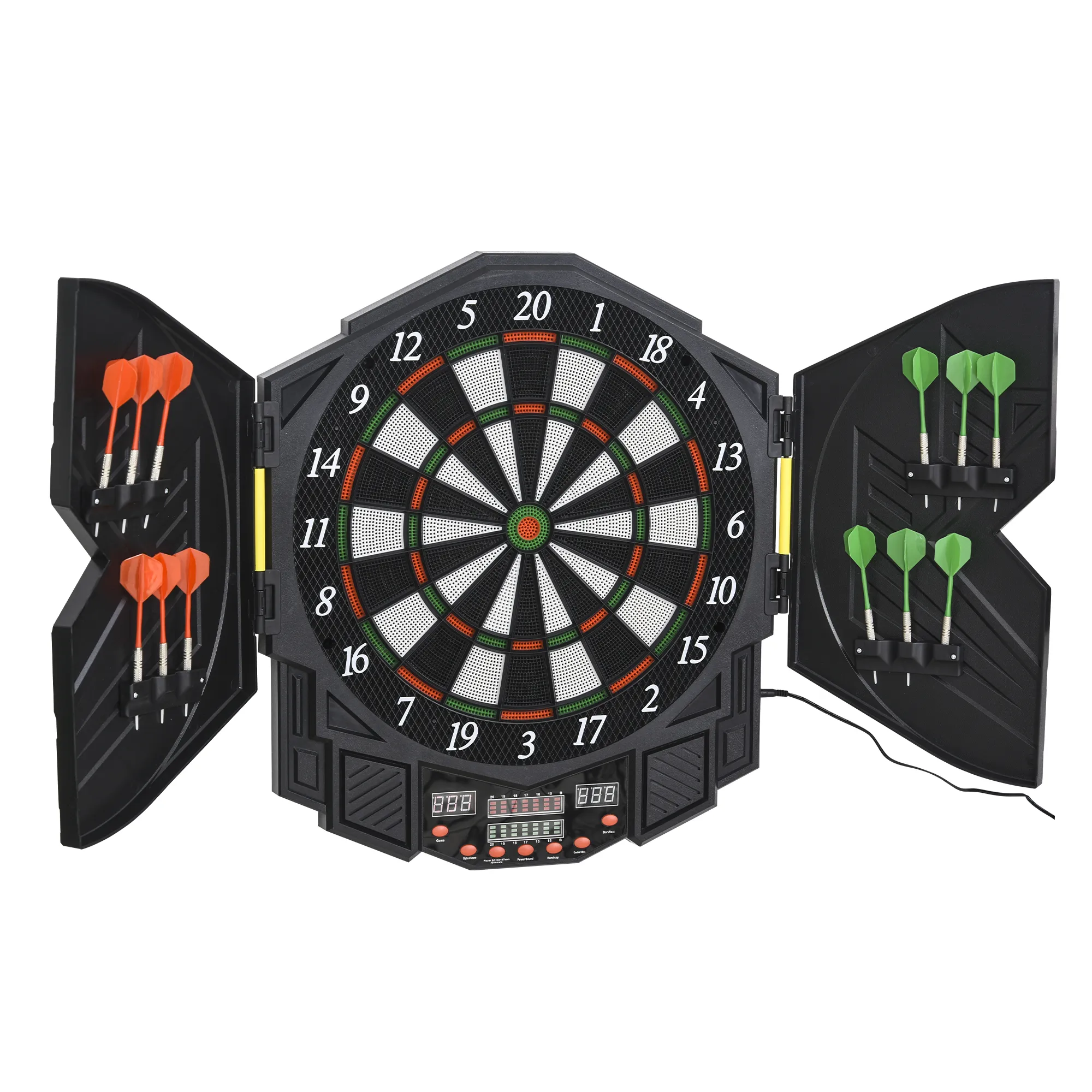 elektronisk darttavla med dörr inkl. 4 LED, 216 spel, 12 pilar, upp till 8 spelare, ABS + PP, 49 x 54,6 x 5,5 cm